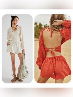 FREE PEOPLE BRANDI ROMPER Open-Back Smocked Romper in Cream